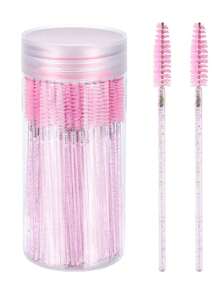 100 Pcs Disposable Mascara Wands, Crystal Eyebrow Spoolies Brush For Eyelash Extensions, Pink Lash Brushes With Container