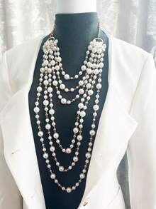1pc Women Multi-Layer Pearl Necklace, Retro European & American Style Long Fashion Sweater Chain, Versatile Spring & Summer Accessory - White - View 3
