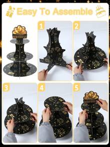 1Set 3 Tiers Black Golden Birthday Cupcake Cake Stand,Happy Birthday Theme Birthday Party Decoration Cake Stand Holder Cardboard Tray,Cupcake Tower Dessert Display Holder, Birthday BabyShower Party Supplies,Birthday Celebration Table Centrepiece DIY Cake Decorating Supplies,Birthday Party Favors