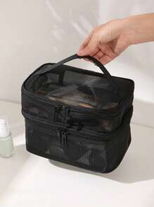 1pc Embroidery Customization Double Layer Mesh Cosmetic Bag With Zipper, Transparent Net Cosmetic Bag With Handles, Multifunctional Makeup Organizer, Lightweight And Breathable Toiletry Storage Bag, Ideal For Daily Use Or Trips,All-Purpose,Large Capacity,Versatile,Multifunction,Colorful,Cute,Adorable,Contracted,Funny,Kawaii,Y2K,Minimalist,Commuting,Business Casual,Basics,Custom,Personalized,Unique,Customized,Ideal Gifts For Him,Ideal Gifts For Her,Her,Family,Friends,Girlfriend,For Anniversaries,For Birthdays,For Holiday/ Vacation,For Outdoors/Outings/Travel/Hiking/Stadium/Sports/Climbing,For Business/Commute/Work/Office,School Supplies,Back To School,School Gift,For Office,For School,For Classroom,For Teacher Gifts,For University,For Colleague,For Dorm Rooms,For Teacher,For Boys And Girls,For Teenagers,Junior High School Students,Middle School Students,High School Senior High School Students,College Students,University Students,Freshman,Sophomore,Underclassmen