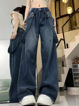 可拆卸肩带高腰宽松阔腿复古牛仔裤