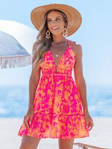 popvil 深 V 领露背热带印花迷你度假连衣裙