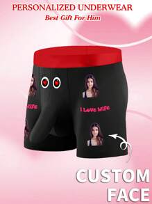 Customized Men's Heart Print Boxer Briefs, Personalized Comfortable Casual Underwear, Daily Wear, Ideal Gift For Boyfriend, Husband, Valentine's Day