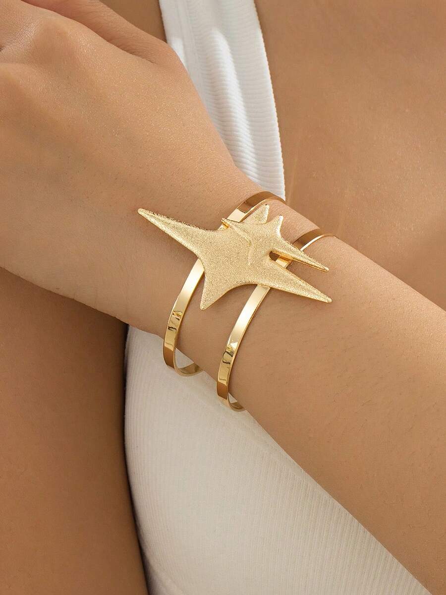 1pc Minimalist Double Cross Star Shaped Adjustable Open Bangle, Holiday Party Gift - Yellow Gold - View 1