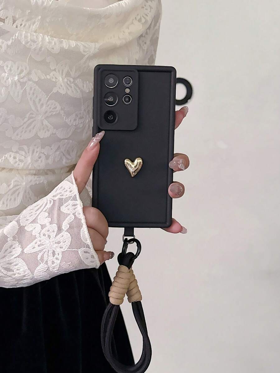 可爱黑金爱心图案手机壳，带手带，时尚手机壳，兼容三星 Galaxy S25、S24、S24 Plus/S24+、S24 Ultra、S24 FE、S20、S21、S22、S23、11/11 Pro/11 Pro Max/12/12 Pro，防水、防震、防摔、防刮，春季生日礼物