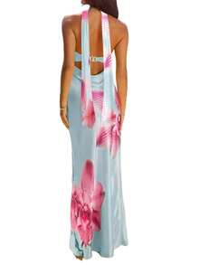 Womens Floral Strapless Dress With Scarf Y2k Backless Sleeveless Tube Maxi Long Dresses Sexy Mesh Bodycon Summer Beachwear - F;oral Blue - 查看 2