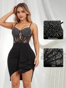 NIKBK 女式细肩带夏季黑色水钻褶饰优雅迷你修身连衣裙狂欢婚礼伴娘宾客装、派对礼服、鸡尾酒会 - 黑色 - 查看 5