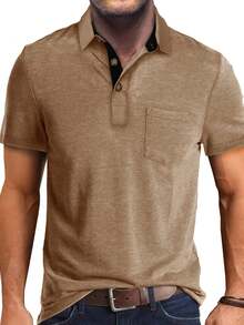 Chemise polo pour hommes grandes tailles avec col et poche, été - Kaki - Voir 2