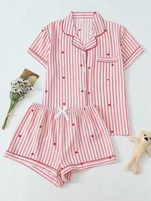 2 件套舒适粉色和白色条纹心形印花翻领纽扣短袖上衣带口袋和蝴蝶结短裤睡衣/家居服套装女士春夏季适合居家使用
