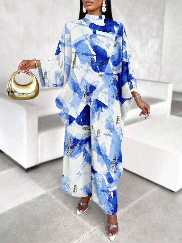 Conjunto de moda para mujer con estampado de tie-dye de onda y cuello alto holgado, estilo árabe abaya