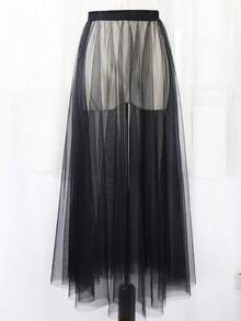 Falda transparente blanca de malla con capas, de una sola capa sin forro, adecuada para actuaciones, baile, usar sobre ropa negra de otoño para mujeres - Negro - Ver 2