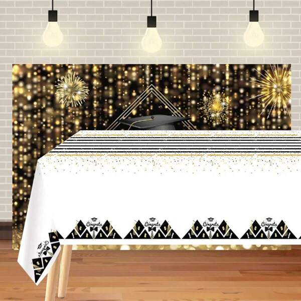 1pc/3pcs Black & Gold Graduation Theme Disposable Tablecloth, Includes Graduation Cap, Necktie, Waterproof Disposable Tablecloth To Celebrate Graduation Party, Home Decor, Dining Table Decor, Graduation Party Decoration'