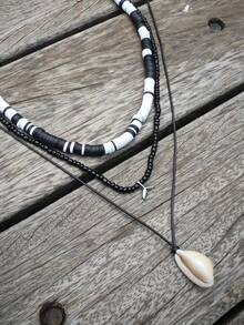 3pcs Minimalist Shell Pendant Necklace Set, Ceramic Beaded Necklace For Men, Daily Wear - Black and White - View 2
