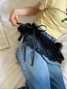 Anágua de renda transparente com cós elástico, acessório para primavera/verão 2025, combina bem com calças jeans, leggings e saia curta tipo avental - Multicolorido - Ver 10