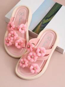 1 Pair Girls' PVC Floral Non-Slip Waterproof Peep Toe Flat Princess Style Beach Slippers, For Ages 2-8