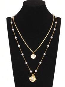 2pcs Seashell Necklace, Mermaid Pearl Necklace, Retro Ins French Style Necklace (Pearl Chain & Pearl Quantity Random)
