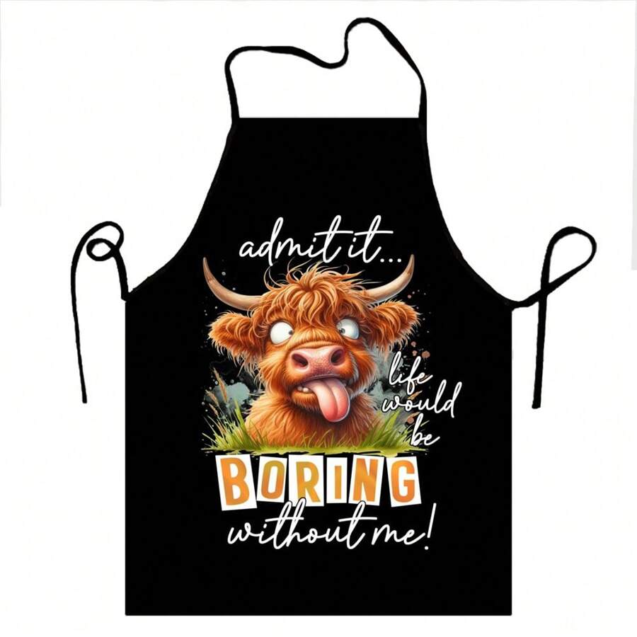 1pc Cartoon Cow Print Apron, Unisex Fun Kitchen Apron, 100% Polyester, Durable And Washable, For Cooking And Baking