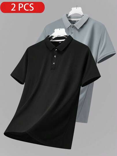 2pcs Men's Boyfriend Style Lightweight Breathable Running Fitness Sports Casual Solid Color Short Sleeve Polo T-Shirt, Summer