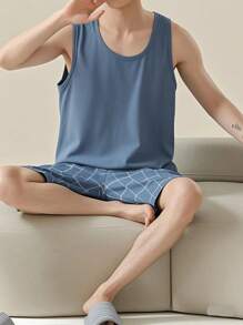 AICJ 2pcs/Set Men's Solid Color Casual Loose Outfit, Crew Neck Tank Top And Lounge Shorts Pajama Set, Spring/Summer, Cool Light Blue