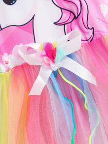coviviky Vestido de princesa soñadora para niña con estampado de unicornio y flores, de manga corta, hasta la rodilla, con decoración de tul y arcoíris, para el verano