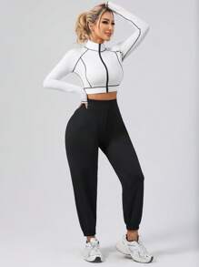 Women Colorblock Splice Sporty Jacket, Short Fitted Elastic Zip-Up Track Jacket For Running, Fitness, Yoga