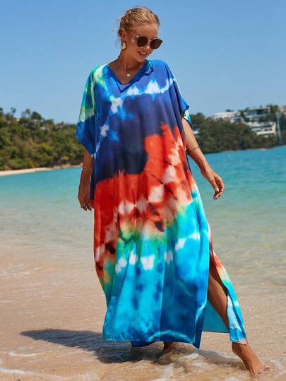 Kimono De Mujer De Playa, Kimono Largo Con Muslo Con Abertura De Tie Dye De Moda, Kimono Con Mangas De Murciélago