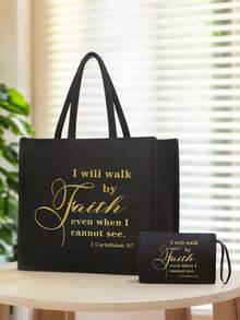 Ensemble de sacs fourre-tout inspirants, imprimés avec la phrase motivante en or "Je marcherai par la foi même quand je ne peux pas voir", comprenant 1 sac fourre-tout, 1 sac cosmétique, 1 sac de rangement pliable et 1 petit étui à maquillage en lin - Noir - Voir 8