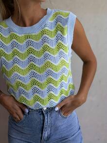 1pc Contrast Color Striped Knitted Mesh Sweater Top, Bright And Fluorescent Colors For Summer - Multicolor - View 3