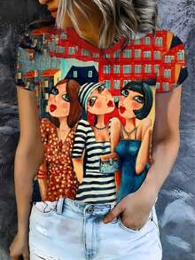 女士时尚拼接图形印花圆领短袖T恤，活泼的图案设计，休闲夏季上衣，适合休闲