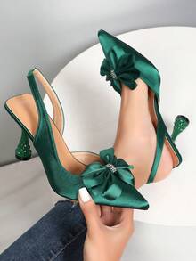 时尚高跟鞋，带水钻花朵尖头细高跟鞋，舒适夏季穿着，百搭蝴蝶结水钻装饰派对优雅女式浅口鞋