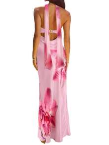 Womens Floral Strapless Dress With Scarf Y2k Backless Sleeveless Tube Maxi Long Dresses Sexy Mesh Bodycon Summer Beachwear - Floral Pink - 查看 3