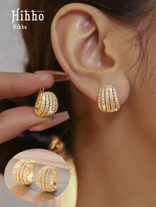 Hihho 1 Pair Fashion Vintage Multilayer Line Zirconia Inlay Hollow Out Stud Earrings, Gold And Silver Color Available, Suitable For Gift, Daily Wear And Party - Earrings - View 1