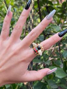 1 pieza Anillo ajustable abierto con adorno de strass con mariquita y abeja en estilo retro, adecuado para uso diario y de fiesta tanto para hombres como para mujeres