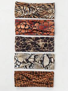 5 件女士瑜伽头带，厚弹性波西米亚非洲纯色头巾，豹纹头带发带 - 彩色 - 查看 5