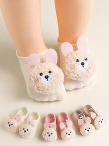 1 Pair Or 2 Pairs Anti-Slip Soft Bottom Baby Socks, New Cute Round Face Bunny Ear Pink Design, Soft & Comfortable For Toddlers, Adorable House Socks Suitable For All Seasons - Multicolor - View 8