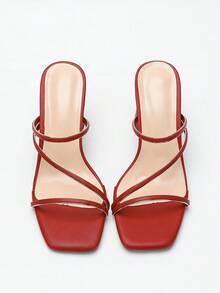 Women's Minimalist Square Toe Chunky Heel Strap Open Toe High Heel Sandals, New Summer Versatile Sexy Backless Holiday Party Formal Heels - Burgundy - View 7