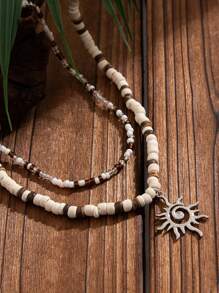 2pcs/Set Men's Summer Coconut Wooden Bead Niche Versatile Hip-Hop Personalized Double Pendant Necklace