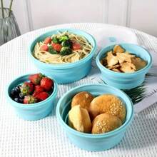 1 Piece / 3 Pieces Set / 4 Pieces Set Round Foldable Silicone Lunch Box / Storage Box With PP Cover, Blue Portable Round Bento Box, Round Kitchen Storage Box / Storage Box, Portable Food Storage Container, Refrigerator Storage Container, Dishwasher Washable, Microwave-Safe, Stackable Design For Easy Storage And Carrying, Suitable For Salads, Camping, Travel, Family, School, Etc.