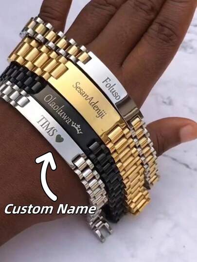 Personalized Engraved Name Men's Watch Chain Bracelet, 10mm Custom Nameplate Logo Bracelet, Customized Laser Engraved Couples Watchband Bracelet, Stainless Steel Men's Bracelet Women's Watchband Black Engraved Text ID Bracelet Gift Jewelry, Personalized Engraved Birthday Date Couples Bracelet, Anniversary Date Bracelet, Custom Couples Name Laser Couples Surname Bracelet, Gift For Boyfriend, Father, Father's Day Personalized Wrist Chain, Customized Gift