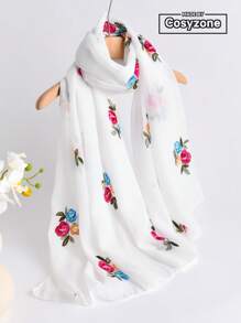 1pc Elegant Floral Embroidered Linen Scarf, Fashionable Versatile Hijab/Shawl For Women, Lightweight And Windproof For Outdoor, Daily Wear