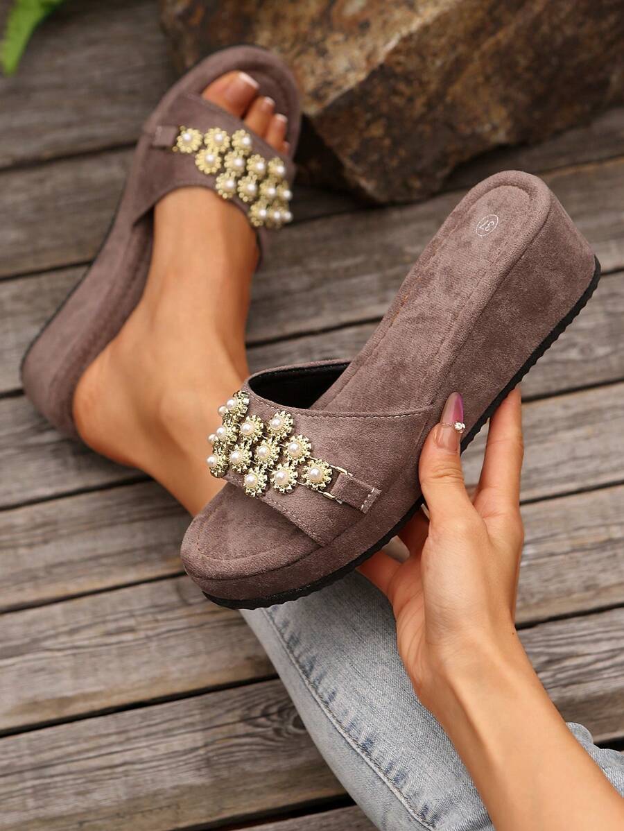 Women's Fashion Pearl Decor Wedge Slippers, Suitable For Wedding, Party, Vacation, Casual Wear, Thick Sole Sandals