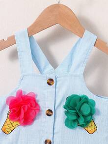 Young Girl' Cute Ice Cream Print Woven Camisole Dress, Fresh White With 3D Flower Decor, Adorable And Unique, Suitable For Family Gatherings, Daily Outings, Soft And Breathable Fabric To Keep The Child Cool In Summer. Fits Girls Aged 4-7, Spring/Summer. - Blue - View 4