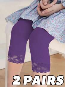 2/3/4/5 Pairs Lace-Trimmed Candy Color Girls 3/4 Leggings & Capri Shorts, Spring/Summer