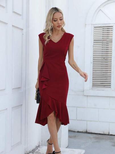 Missufe Women's Sleeveless V-Neck Waist Slim Fit Ruffle Trim Asymmetrical Hem Tulip Hem Layered Elegant Party Cocktail Dress Skirt Over The Knee Dress