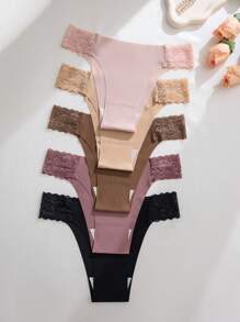 5pcs/Pack Women's Lace Patchwork Breathable Seamless Bikini Panties, Sexy & Comfortable