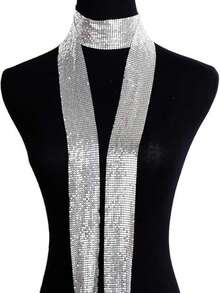 1pc Metallic Mesh Shiny Sequin Iridescent Scarf Tie, Club Party Accessory - Silver - View 9