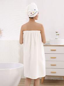 2pcs Women Minimalist Embroidered Soft & Comfortable Bath Robe And Bath Cap Set Summer Wedding Home Bathroom Decor Back To School - White Plum Blossom Skirt - View 3