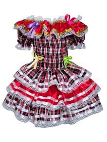 Country Dress For Children, Youth, June Festival, Traditional Square Dance, São João, Butterflies Kids - 紅色和黑色 - 查看 5