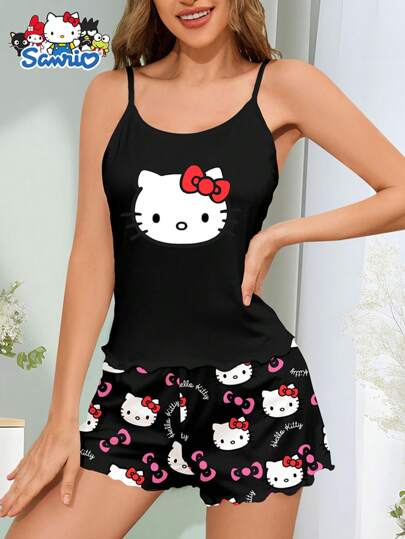Sanrio Conjunto de pijama para mujer de Hello Kitty de Sanrio, top de tirantes y pantalones cortos casuales con diseño de dibujos animados, para primavera/verano