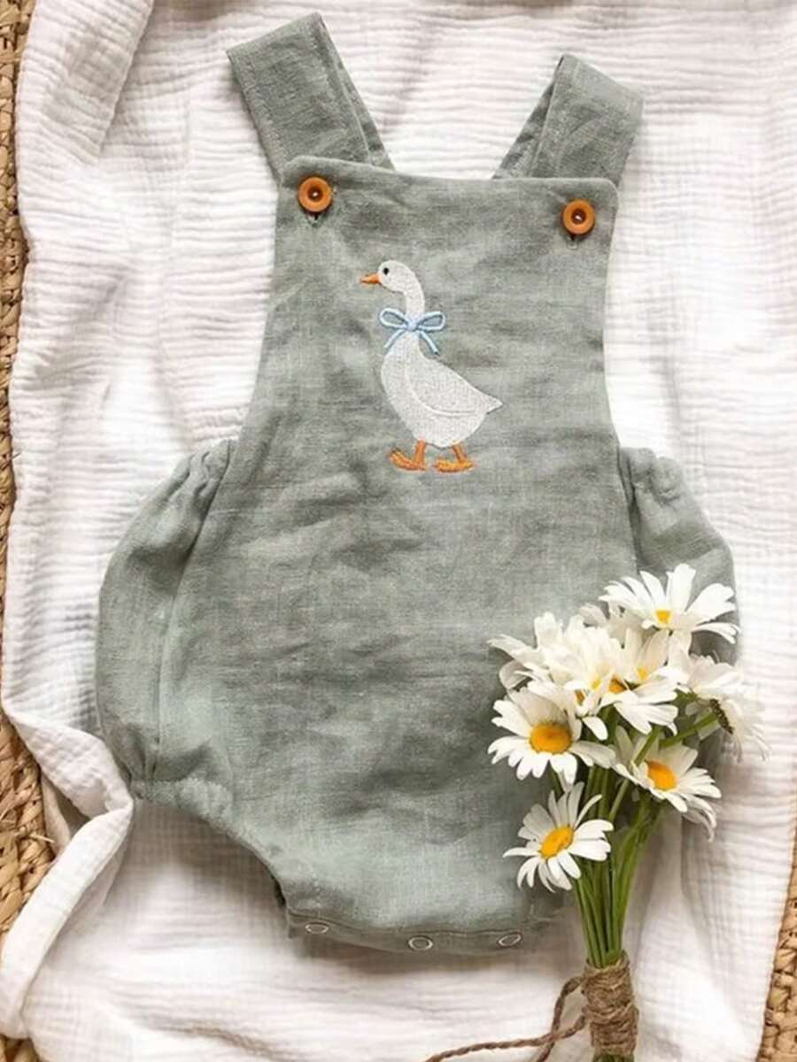 Baby Girl Sleeveless Romper Summer Duck Print Suspender Jumpsuit For Newborn Toddler Cute Clothes - màu xanh lá - Xem 1